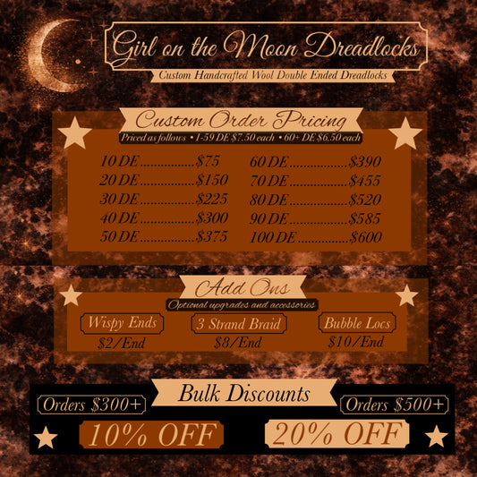 Custom order pricing for 'Girl on the Moon Dreadlocks' with a decorative background.